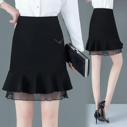 Black overskirt plus size 2021 spring and summer new lace stitching ruffled irregular fishtail skirt skirt women mini skirt