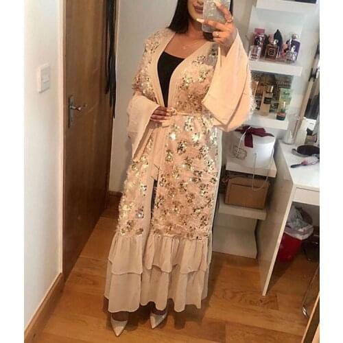 Luxury Muslim Sequins Abaya Maxi Dress Flare Sleeve Hijab Long Robe Gowns Kimono Jubah Ramadan Eid Arabic Dubai Islamic Prayer