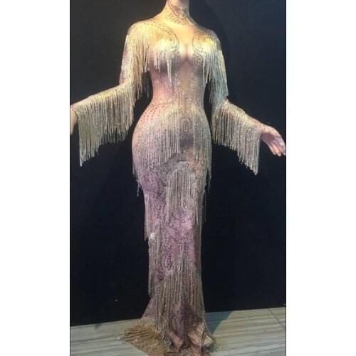 Crystals Tassels Sleeve Stretch Long Dress Sexy Singer Host Stage Wear Celebration Performance Costume Nightclub Fringes Dress