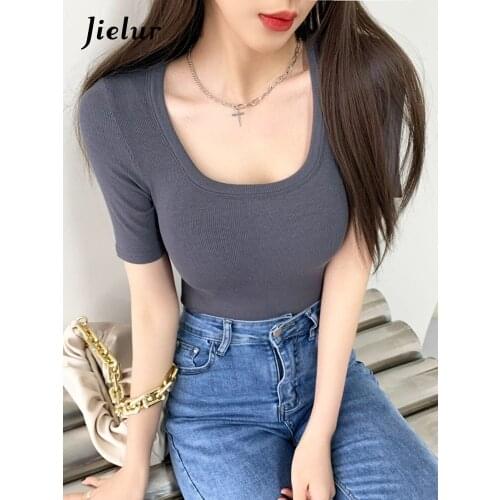 Jielur Grey Slim Woman T-shirts Solid Color Square Collar Elasticity Sexy Tops Ladies Sports Casual Short Sleeve T-shirt Summer