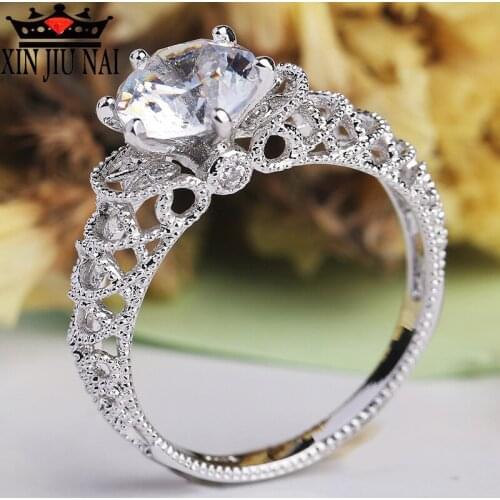 White Silver Round Crystal Hollow Ring Inlay AAA Cubic Zirconia Engagement Rings for Women Party Jewelry Gift anillos mujer