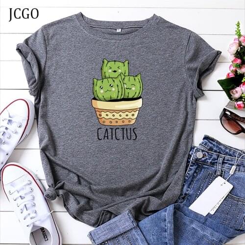 JCGO Summer Cotton Women T Shirt S-5XL Plus Size Cute Cactus Print Short Sleeve Women Tees Tops Casual O-Neck Female tShirts