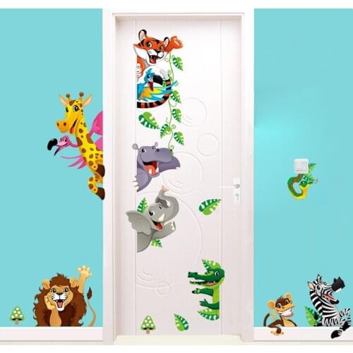 Cartoon Jungle Animals Wall Stickers For Kids Rooms Home Door Decor Lion Elephant Giraffee Wall Decals Pvc Mural Art Diy Poster
