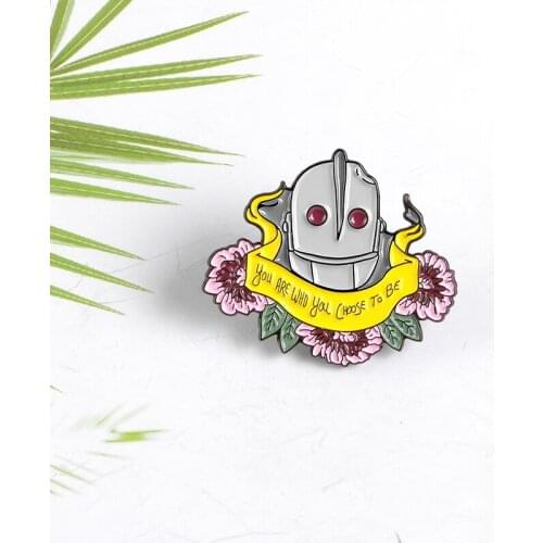 Cartoon robot Altman helmet yellow ribbon pink flower enamel brooch Banner "you are who you choose to be ” Encourage yourself