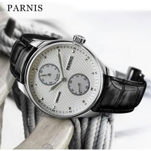 Parnis 43mm silver case silver dial power reserve luxury brand genuine leather clasp automatic movement mens top watch