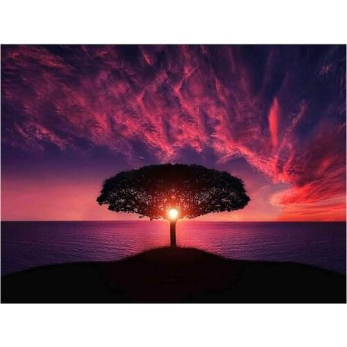 DIY Diamond Paintings By Number Kit,Crystal Rhinestone Diamond Embroidery Paintings for Home Decor Purple Sunset Tree