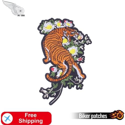 Tiger in the Flower Embroidered Punk Patches Iron on for Clothes DIY Biker Cool Motorcycle Badge Backpack Jacket Large Accessory