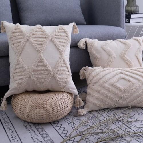 Bohemia Tassels Cushion Cover 45x45cm/30x50cm Beige Pillow Cover Handmade Square boho living Room Bed Room Home Decoration