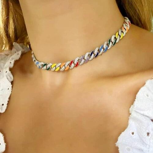 Neon Colorful Enamel Choker Necklace Hiphop Iced Out Bling CZ 11mm Miami Cuban Link Chain For Women Rainbow CZ Bracelet Jewelry