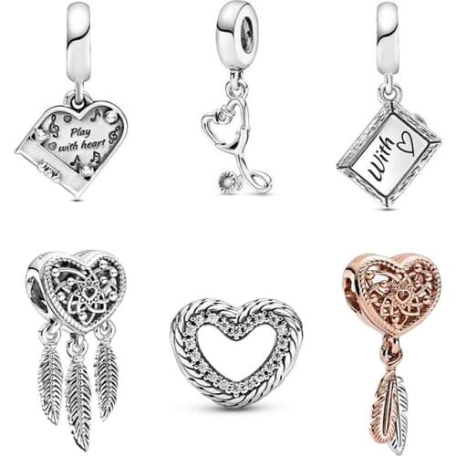 New 925 Sterling Silver Beads Love Heart Feather Dreamcatcher Piano Charm Fit Pandora Bangle Bracelet DIY Women Jewelry Dropship