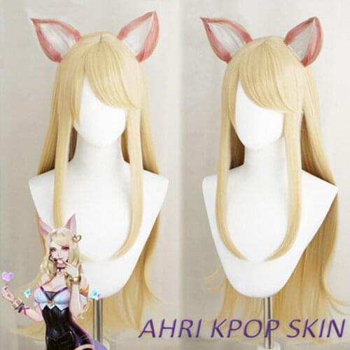 LOL Game Ahri Cosplay Wig with ears KDA POP/STAR Ahri Cosplay Wigs Women Long Straight Blonde Wig LOL KDA KPOP SKIN Hair