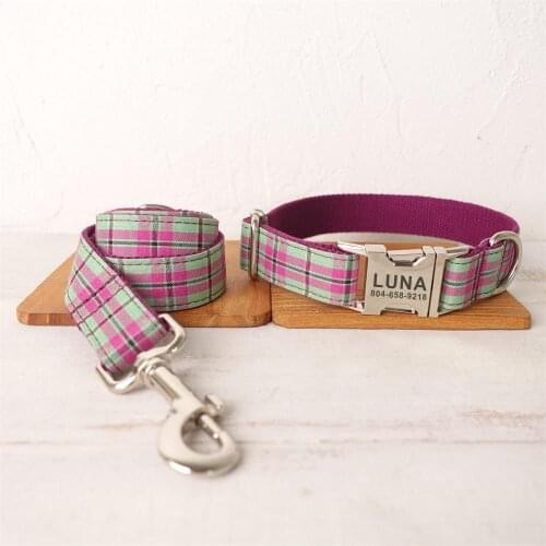 Personalized Dog Collar Customized Pet Collar Free Engraving ID Name Tag Pet Accessory Purple Green Plaid Puppy Collar Leash Set