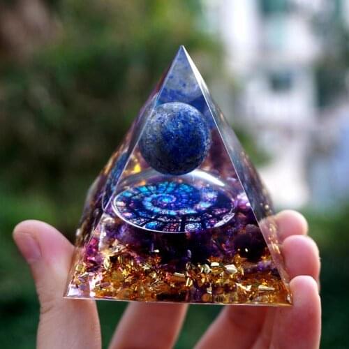 Handmade Orgonite Pyramid 60mm LAPIS LAZULI SPHERE AMETHYST HEALING Crystal Reiki Orgone Pyramid Chakra EMF Protection