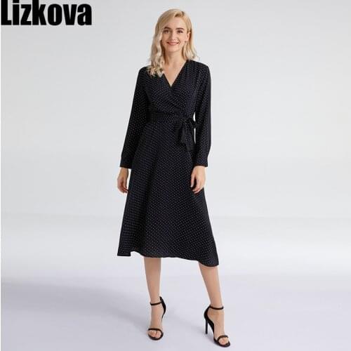 Lizkova Black Dot Print Dress Women Spring Cross V-neck Long Sleeve Wrap Robe 2021 Female Elegant Red Party Vestido LG001
