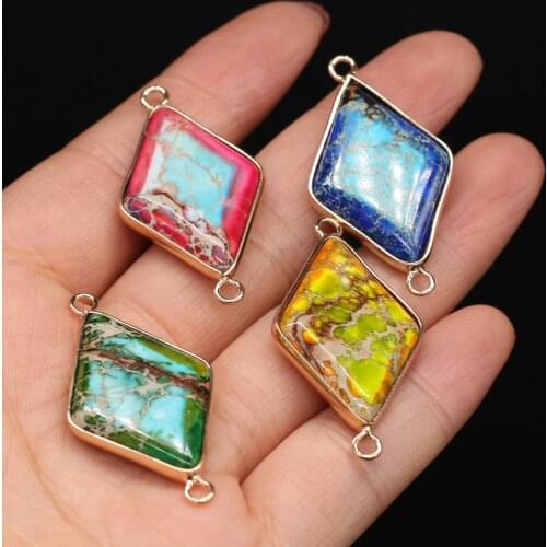 Natural Stone Double Hole Connectors Rhombus Shape Emperor Stone Pendant for Jewelry Making DIY Necklace Bracelet Accessories