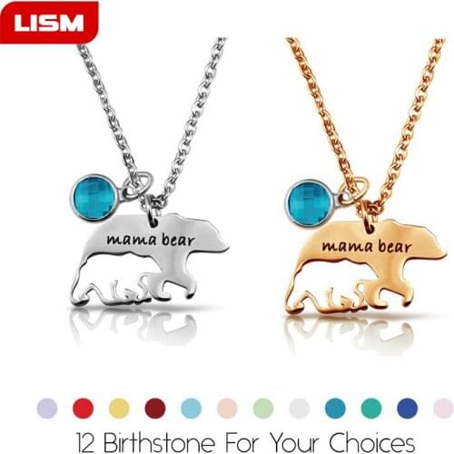 Titanium Steel Mama Bear With Birthstone Pendant Necklace Jewelry Bear Mother Hollow Baby Bear Necklace Mothers Day Gift