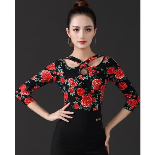 Leopard and Flower Sleeves Shirt Women Latin Dance Tops Ballroom Dancing Costume Clothes Tango Chacha Dancing Practice Tops L011