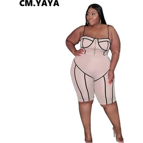 CM.YAYA Women Plus Size Playsuit Solid Sleeveless Strap Stretchy Bodycon Playsuits Fashion Rompers One Piece Overalls Summer