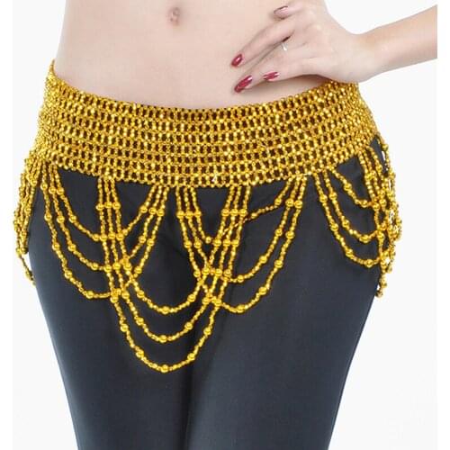 Women Belly Dance Costume Accessories Fringes Hip Scarf Stretchy Thread Wrap Skirt with Round Beads Belt