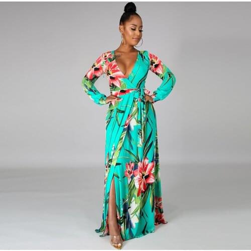 Floral Printed Elegant Floor Length Maxi Dress Women Sexy Long Sleeve Front High Split Vestido Autumn Fit and Flare Robe Femme