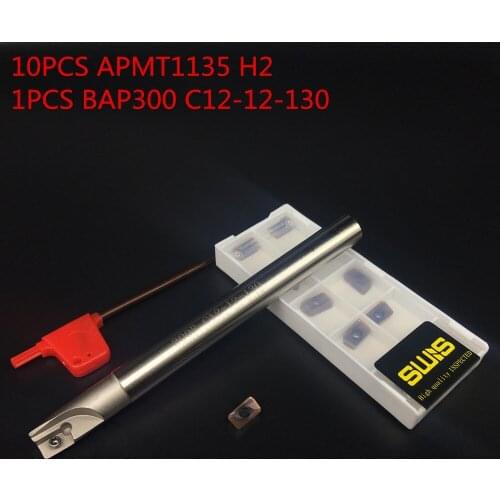 10PCS APMT1135 H2 + 1PCS 12mm Milling cutter holder BAP300R C12-12-130L-1F face mill Roughing Working P M K