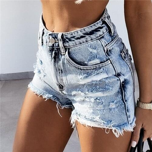 Summer Ladies Sexy Hole Denim Shorts High Waist Denim Shorts Pockets Women Fashion Streetwear Club Hot