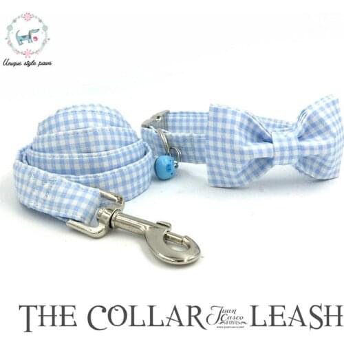 Blue Dog Collar and Leash Set with Bow Tie and Blue Pig Bell Cotton Dog &Cat Necklace and Dog Leash for Pet Christmas Gift