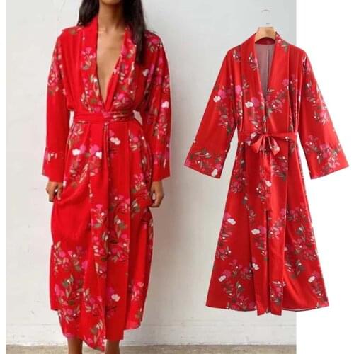 Klkxmyt Za Dress Women 2021 Red Floral Print Kimono Midi Dress Woman Vintage Long Sleeve With Belt Female Dresses Vestidos Mujer