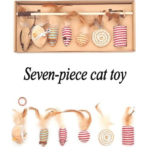 Cat Toy Combination Cat Scratching Board Seven-piece Set Bell Feather Wooden Pole Funny Cat Stick Natural Safety Pet supplies