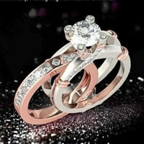 Rose Gold Combination Ring 2Pcs Exquisite Wedding Ring Couple Engagement Bridal Ring Set Fashion Valentines Day Gift Jewelry