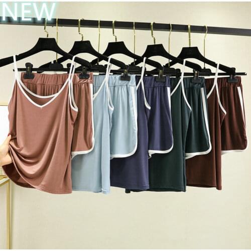 Modal Women Summer Pajamas Set Sleeveless Sling Shorts 2Piece/Set Cool Casual Black Elastic Big Size Sleepwear Solid Homewear