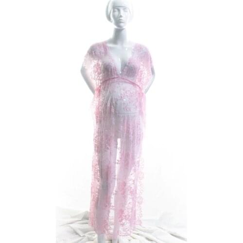 Le Couple Sides Slit Lace Maternity Photography Dresses V-neck Sexy Lace Maternity Maxi Dress For Photo Shoot High Waist