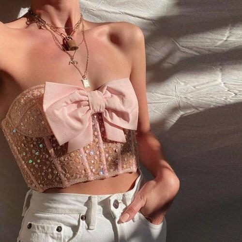 2021 Summer Pink Transparent Sequined Mesh With Big Bows Lace Up Back Sexy Cropped Bra Clubwear Party Sweet Top Fashion Clothes