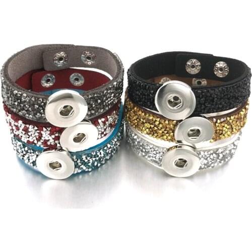 Fashion Bling Bling Bracelet 012 Crystal Leather 18mm Snap Button Charm Bangle Jewelry For Women Teenagers Gift