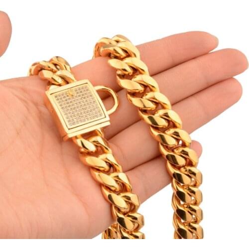 Mens 316L Stainless Steel Miami Curb Cuban Link Chain Necklace Or Bracelet Gold Fashion Stone Lock Buckle 7-40" Hiphop Jewelry