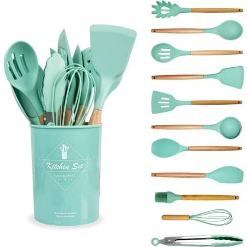4 Color Kitchen Cookware Silicone Heat Resistant Non-Stick Wooden Handle Cooking Utensils Set with Storage Box Kitchen Tools