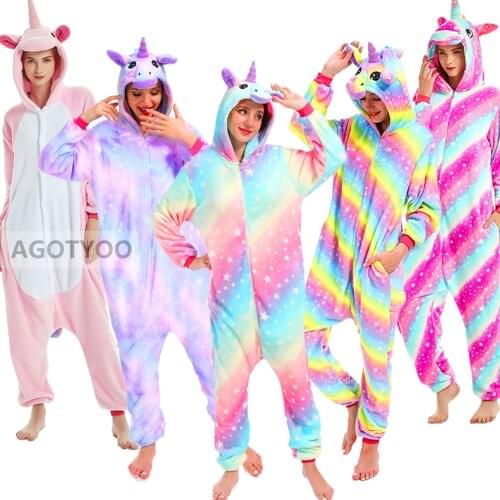 2020 Unicorn Onesies Animal Pajamas Women Adults Hooded Sleepwear Winter Pyjamas Cute Flannel Onesies Stitch Unicornio Pijamas