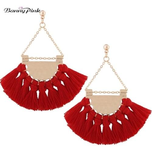 Banny Pink Bohemia Tassel Pendant Earrings For Women 11 Colors Fringe Dangle Earrings Chunky Camber Fan Drop Earrings Pendientes