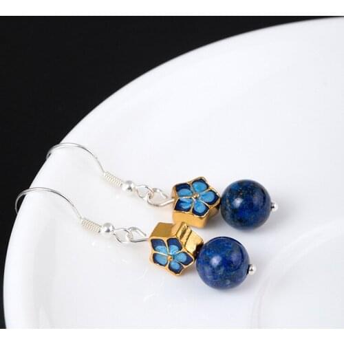 Pure Silver Personality Drip Pentagram Eardrop Female National Wind Cloisonne Craft Lapis Earrings Wholesale
