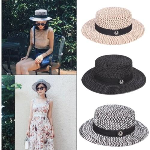 HT208 Retro Wide Brim Letter M Straw Hat Ladies Sun Hats Travel Holiday Visor Hats Vintage Women Beach Hat Black And White