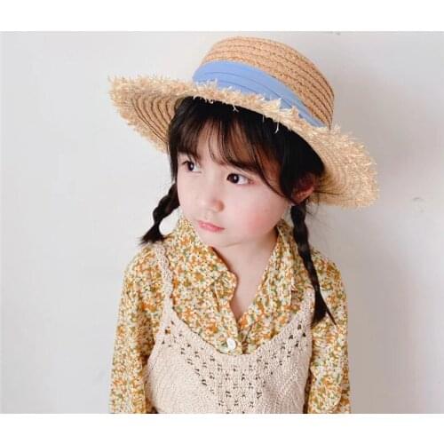 Sun Caps Ribbon Round Flat Top Raffia Straw Fedora Panama Hat Summer Hats For Kid Child Straw Hat Snapback Gorras Sun Gorros