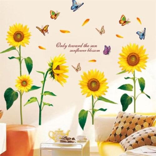 Warm Color Sunflower Blossom Flora Fly Butterfly Wall Stickers Vinyl Art Decals / Beautiful Wedding Decoration Sticker