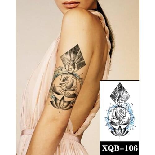 Lotus Guanyin Waterproof Temporary Tattoo Sticker Black Galaxy Blue Ink Fake Tattoos Flash Tatoos Arm Leg Body Art for Women Men