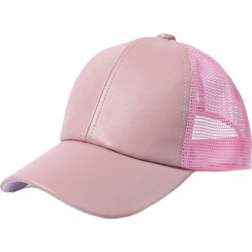 High Quality Ponytail Baseball Cap Pu Leather Mesh Cap Summer Cap Ponytail Cap Women Pink Gray Khaki