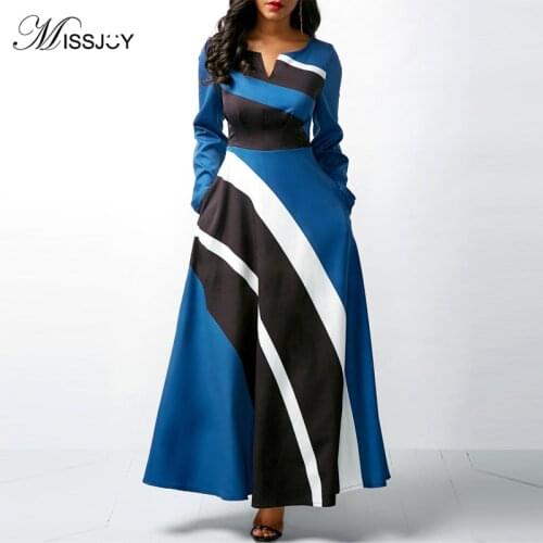 MISSJOY Plus Size Women Dress Split Elegant Striped Ankle-Length Fall Casual Long Sleeves S-5XL Vintage Ladies Vestido Платье