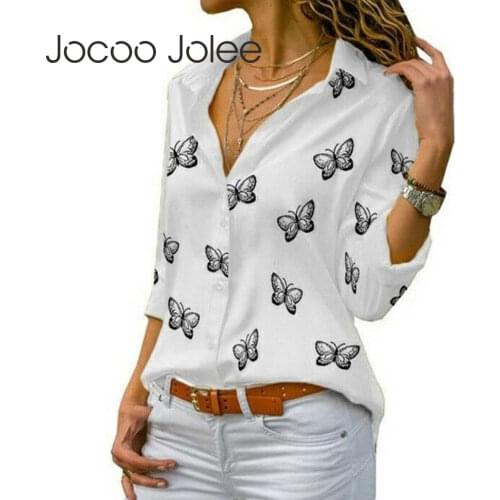 Jocoo Jolee Women Spring Autumn Turn Down Collar Casual Butterfly Printing Loose Long Sleeve Blouse Oversize Office Lady Basic