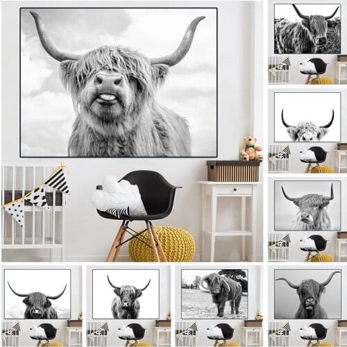 Black and White Highland Cow Cattle Wall Canvas Art Nordic Painting Poster and Print Scandinavian Wall Art Pictures for Hotels