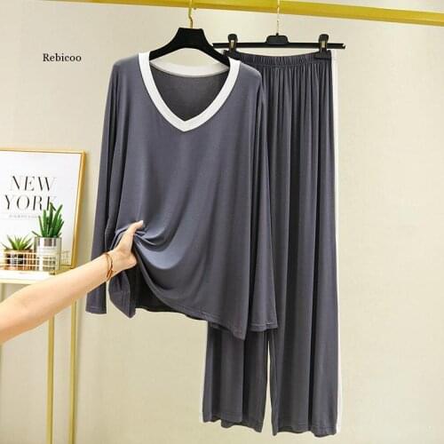 Womens Modal Pajamas Sex Hot Sleepwear Set Top Women Solid Pajama Set 2Piece/Suit Full Sleeves Shirt Pant Lingerie Mom Homewear