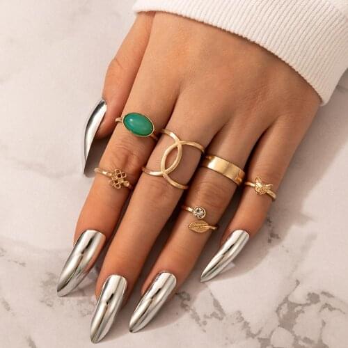 Docona Vintage Crystal Tree Leaf Opening Rings for Women Gothic Green Stone Symbol Midi Rings Set Jewelry Accessories 6pcs 10026