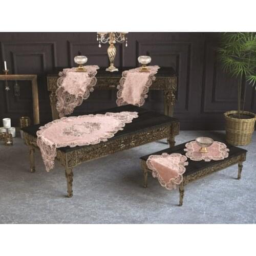 French Laced Guipure Jasmine Velvet Living Room/Saloon 5Pieces Set Tablecloth Table -Console Cover Decoration Set Home Textile